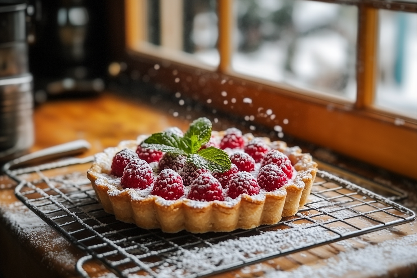 Fresh raspberry tart with a golden crust and shiny glaze
