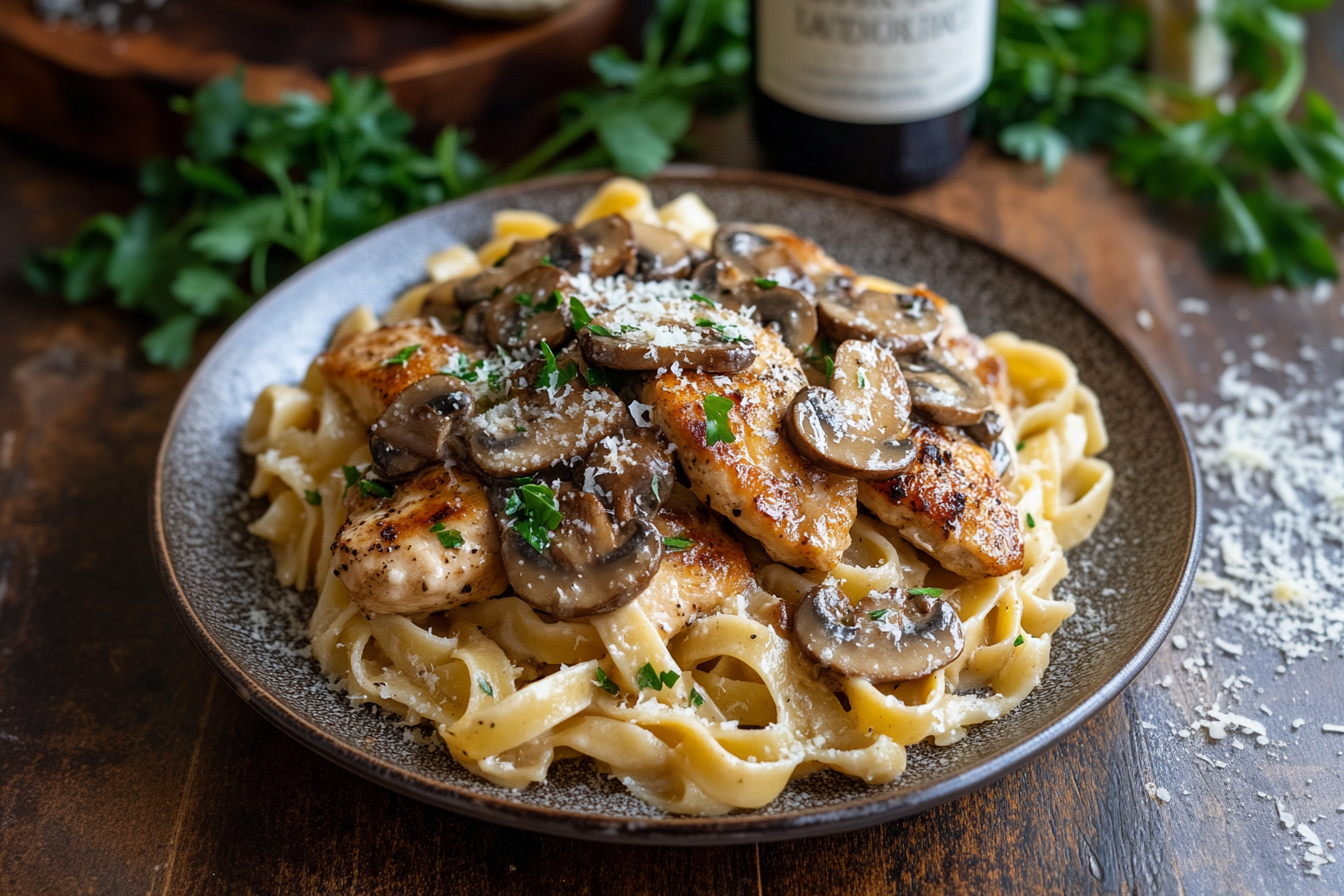 Chicken Marsala Fettuccine served with a rich Marsala wine sauce, mushrooms, and garnished with parsley.