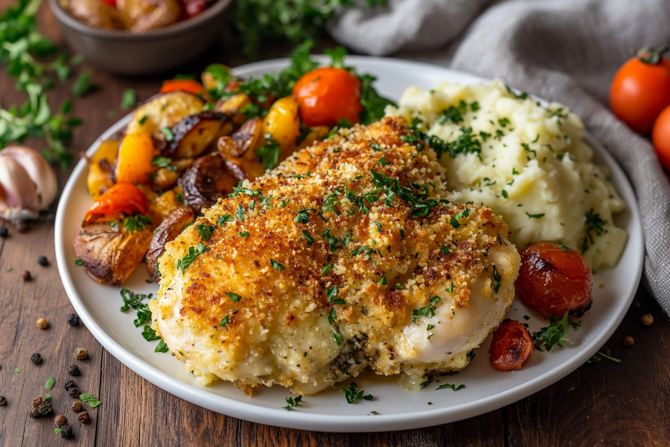 Longhorn Parmesan Crusted Chicken served with a side of steamed vegetables and mashed potatoes.