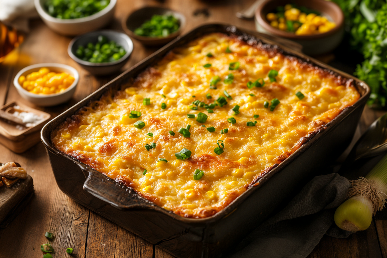Corn casserole in a baking dish with golden brown crust.