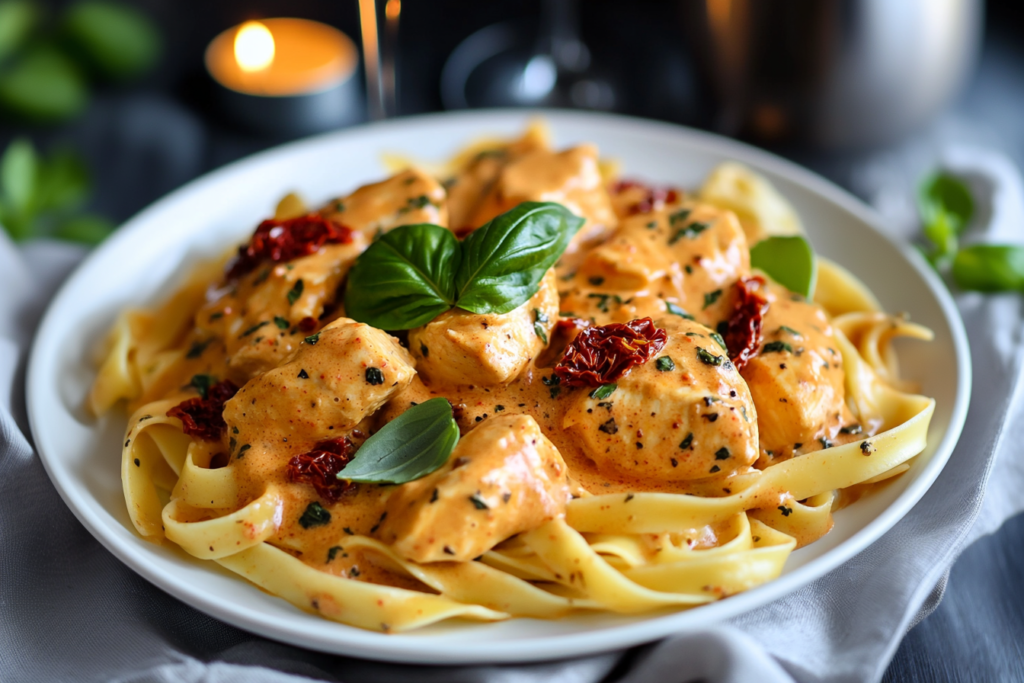 Marry Me Chicken Pasta with creamy sauce, sun-dried tomatoes, and garnished with fresh basil