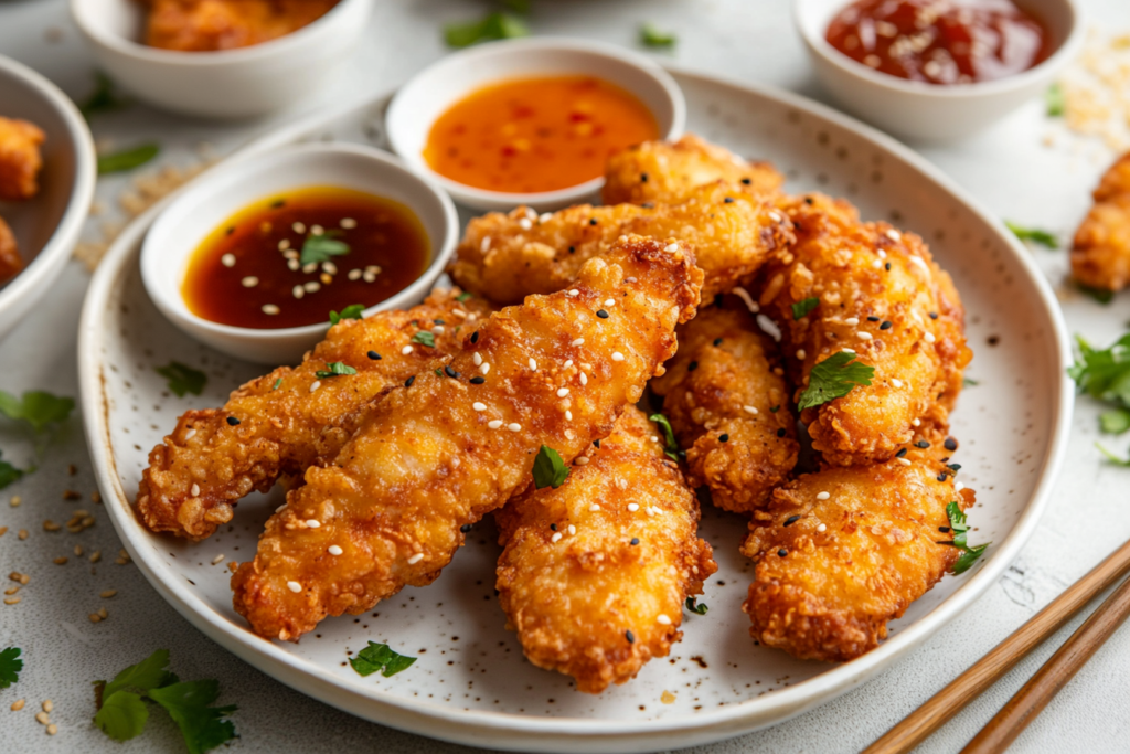 Chinese chicken fingers served with a variety of dipping sauces on a white plate.