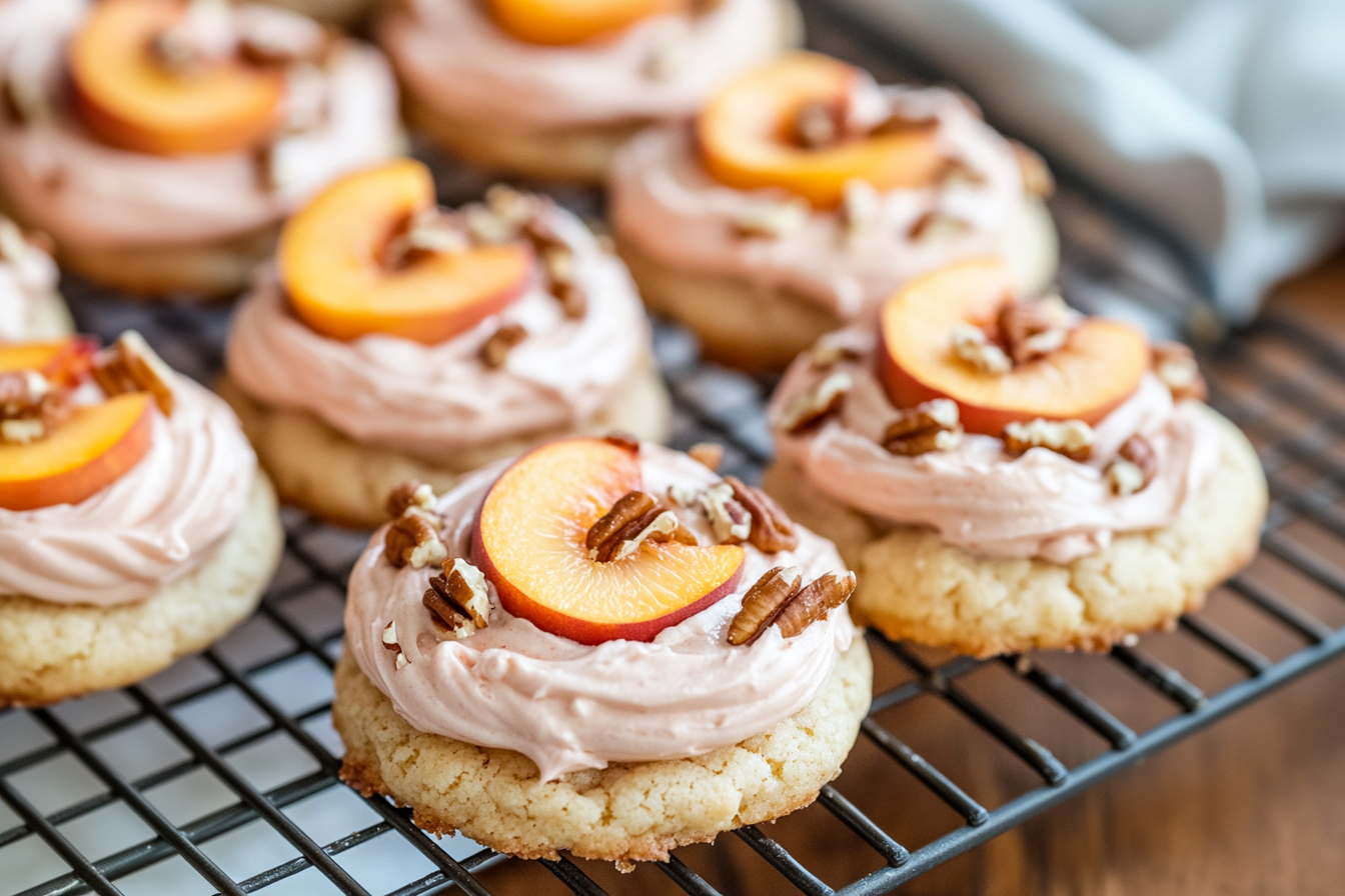 Peach frosted cookies with creamy peach frosting on a cooling rack