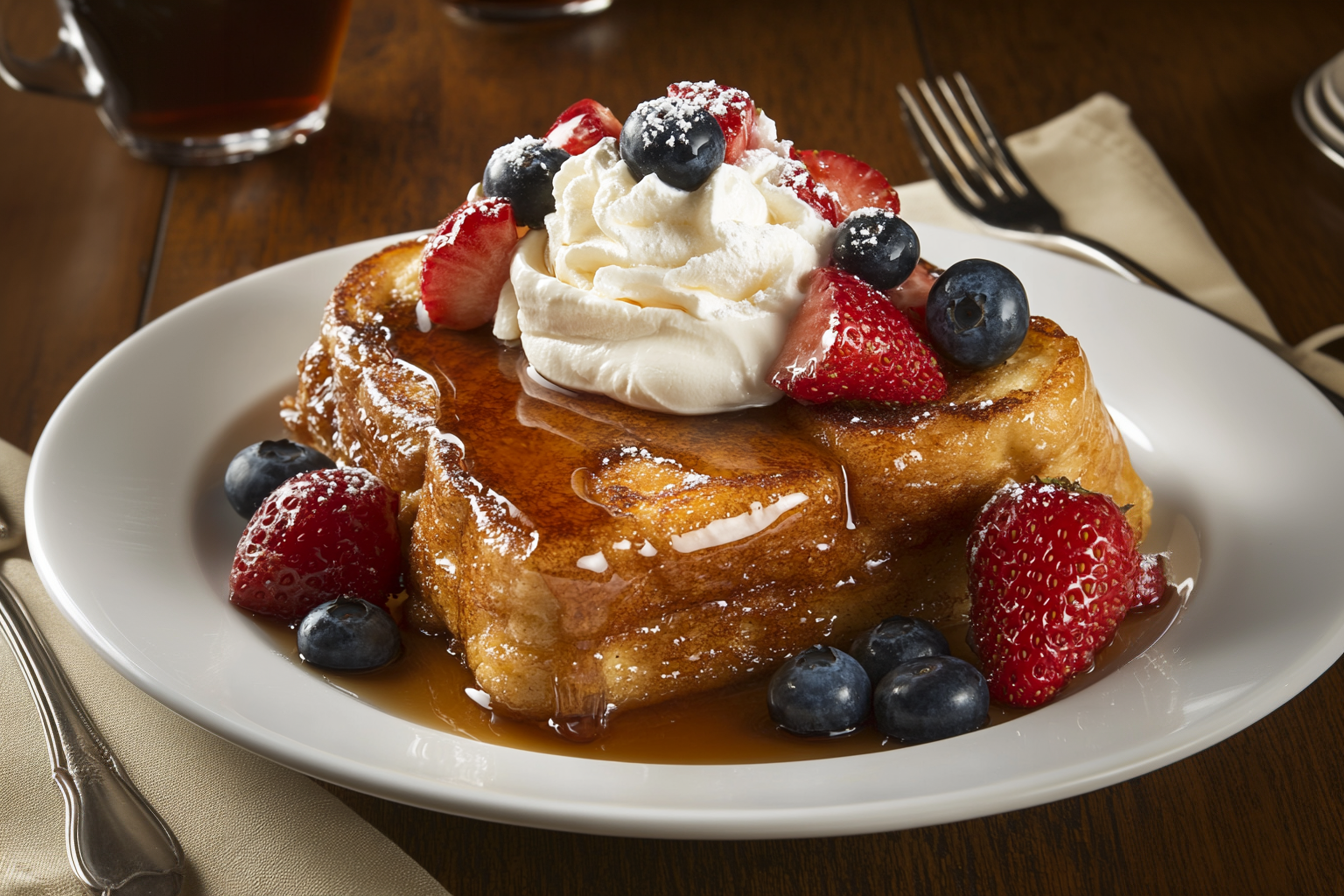 Cinnamon roll French toast with whipped cream and fresh berries