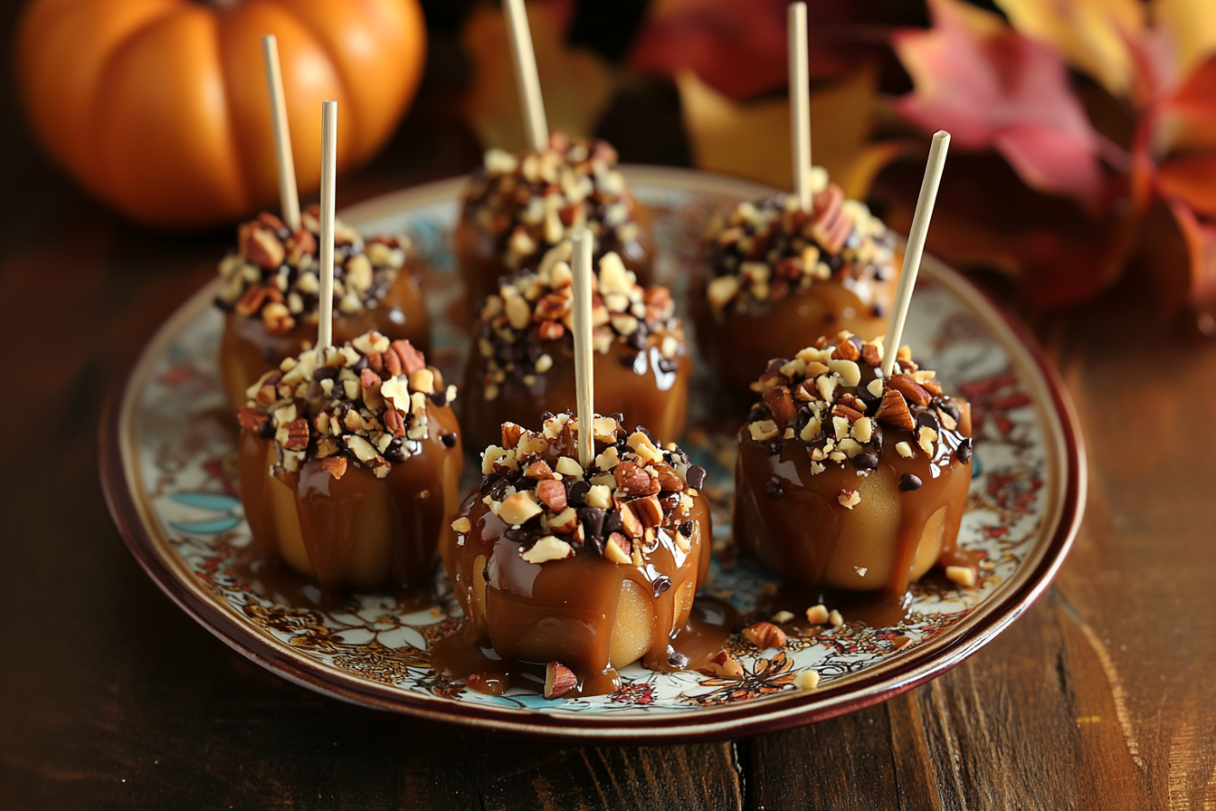 Mini caramel apple bites on a tray with toppings