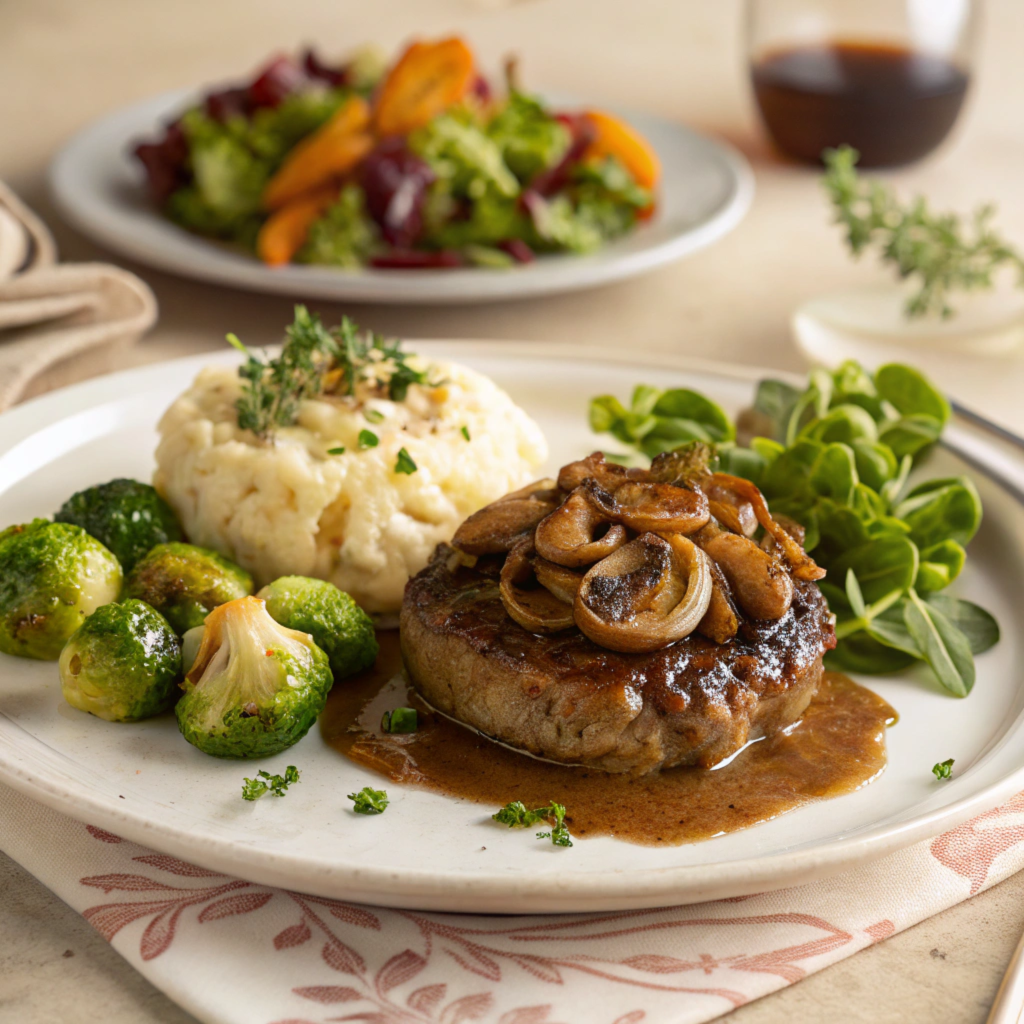 A plate of chopped steak with mashed potatoes and roasted vegetables.