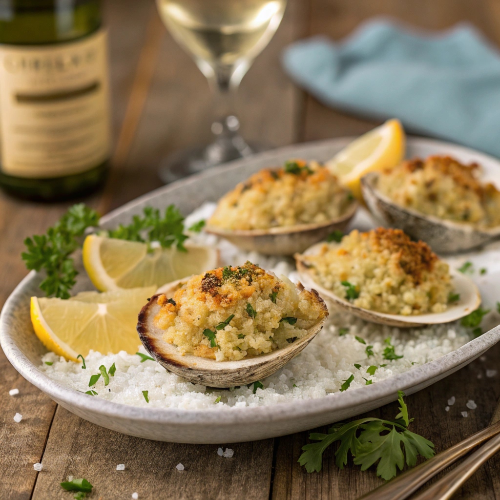 Freshly baked stuffed clams garnished with parsley on a plate.