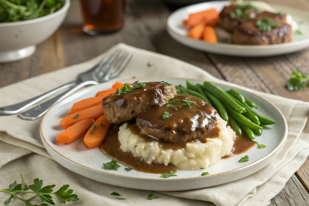 Chopped steak with gravy on mashed potatoes, served with carrots and green beans.