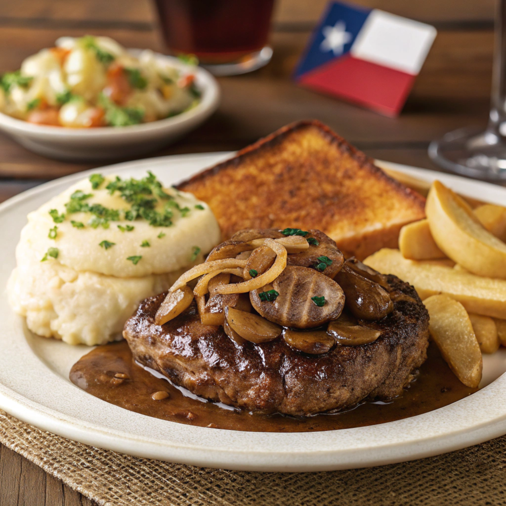 A plate of Texas Roadhouse chop steak topped with onions, mushrooms, and brown gravy.