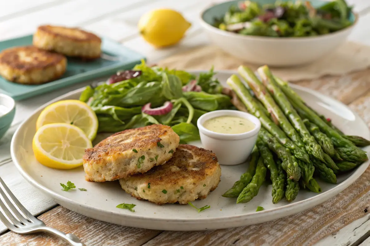 A plated meal with crispy tuna patties, fresh green salad with lemon vinaigrette, roasted asparagus, and lemon wedges on a rustic wooden table.