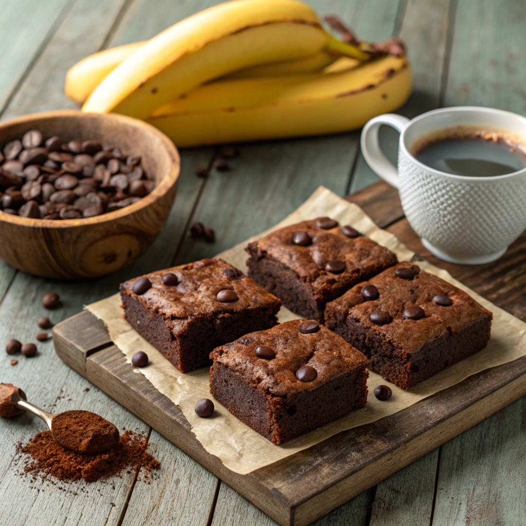 A stack of fudgy banana brownies with chocolate chips.