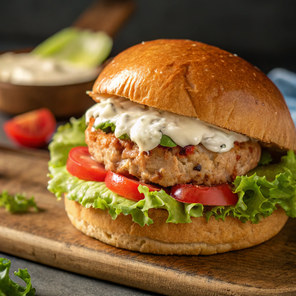 A perfectly cooked tuna burger with lettuce and tomato on a toasted bun.