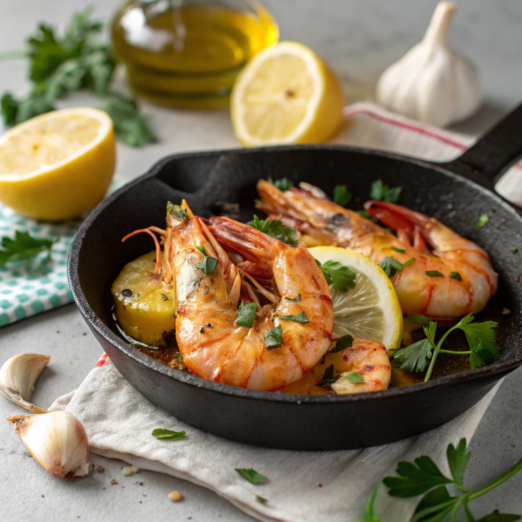 Freshly cooked shrimp in a skillet with herbs and garlic, using Gordon Ramsay’s technique.