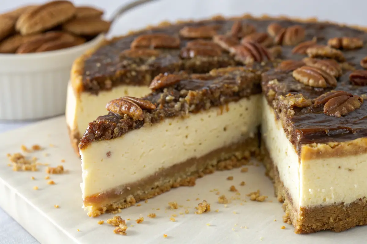 Close-up of pecan pie cheesecake layers.