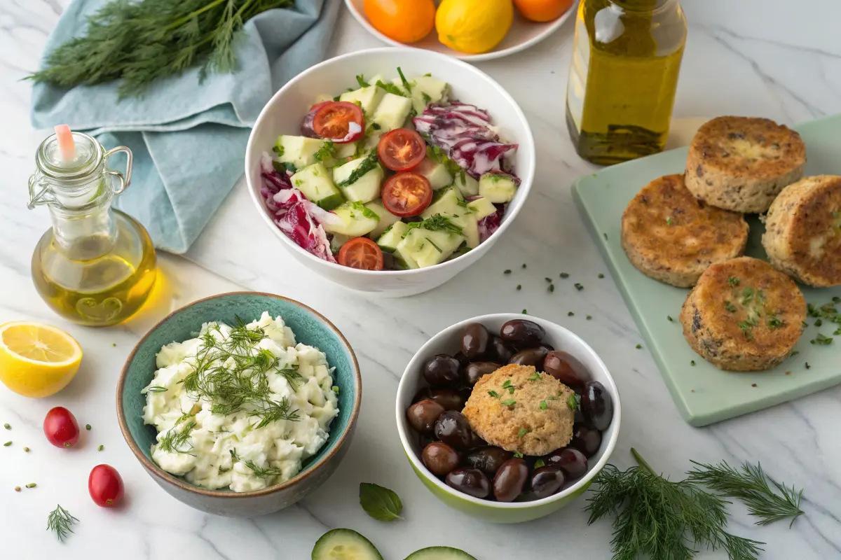 A spread of colorful side dishes including Greek salad with feta and olives, creamy coleslaw, and cucumber dill salad on a marble countertop.