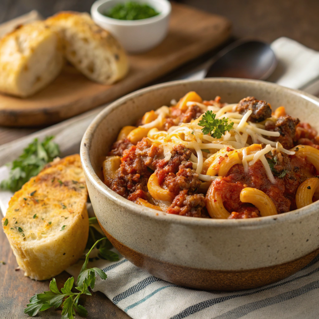 Bowl of beefaroni with macaroni, ground beef, and tomato sauce