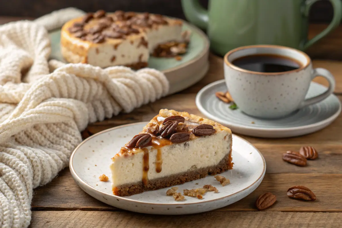 A slice of pecan pie cheesecake served with coffee.