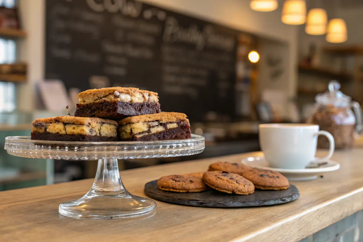 Brookies displayed on a cake stand in a café.