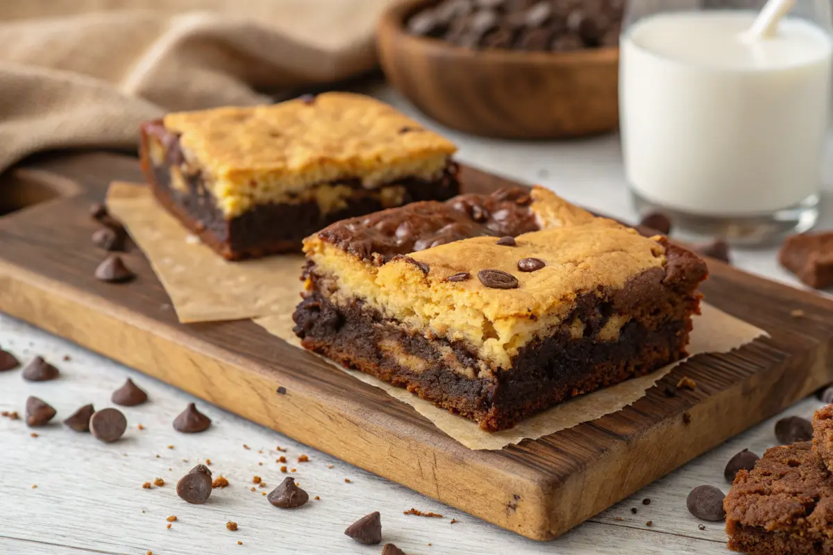 Close-up of a freshly baked brookie with layers of brownie and cookie.