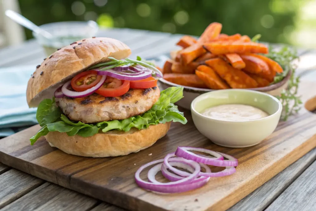 Delicious tuna burger on a toasted brioche bun with fresh vegetables and sweet potato fries.