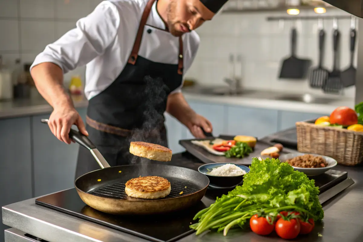 Chef cooking a tuna burger on a grill in a modern kitchen.