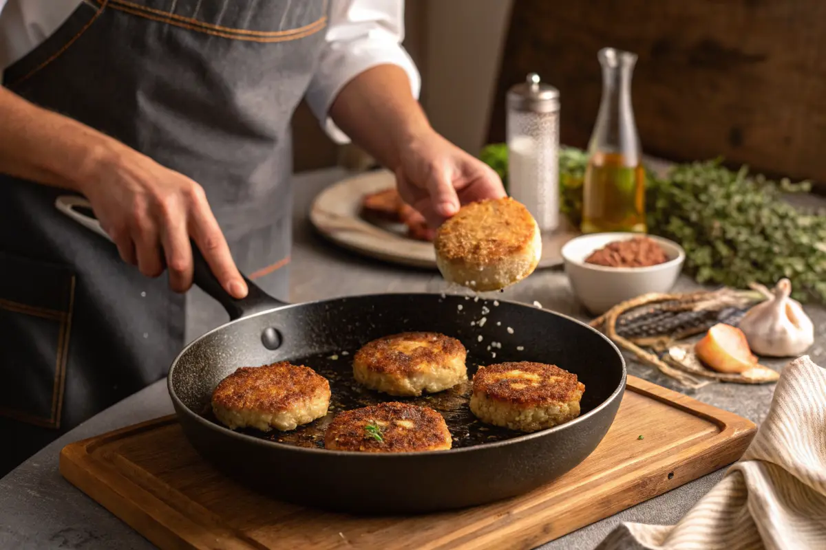 Chef flipping a tuna patty on a non-stick skillet in a home kitchen.