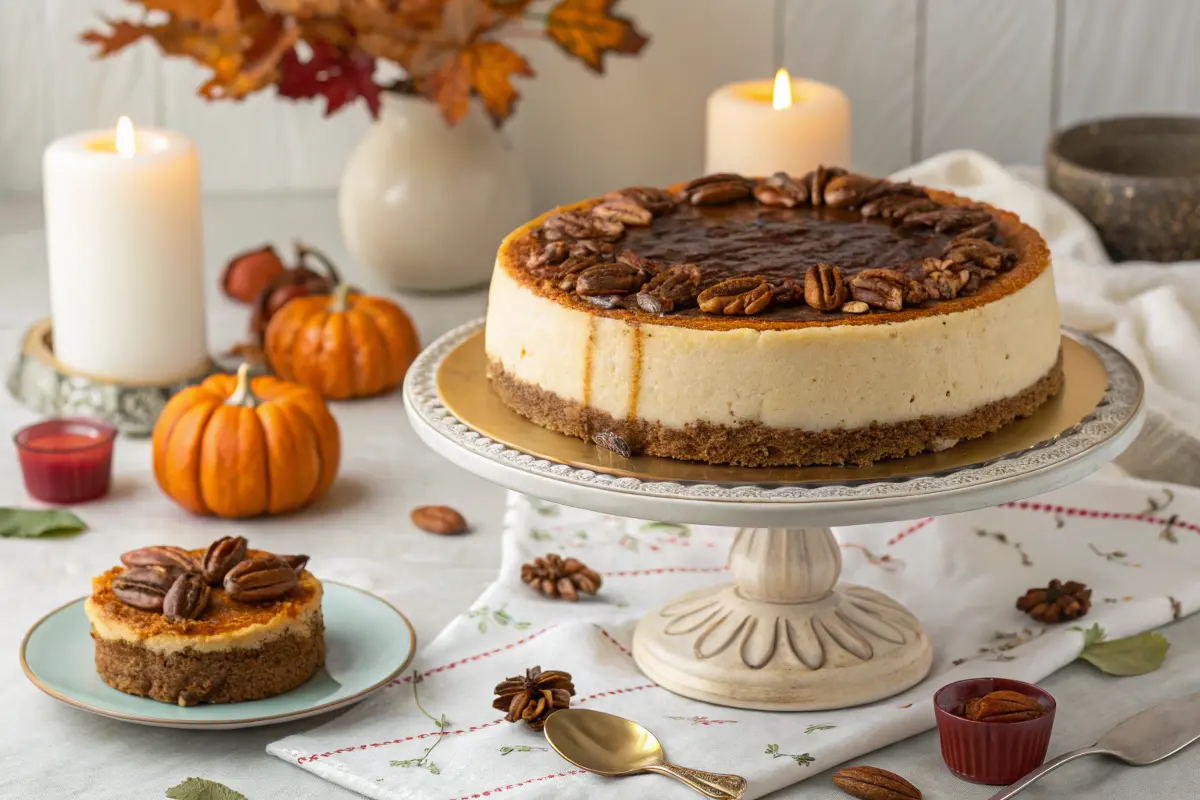 Pecan pie cheesecake on a festive table with autumn decorations.