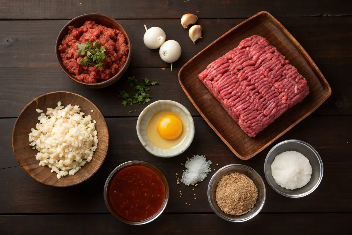 Flat lay of chopped steak ingredients including ground beef, breadcrumbs, egg, and seasonings.