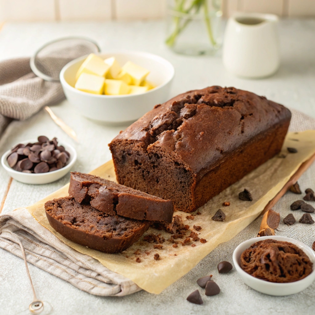 Chocolate bread loaf with a slice cut, showing rich chocolate interior.