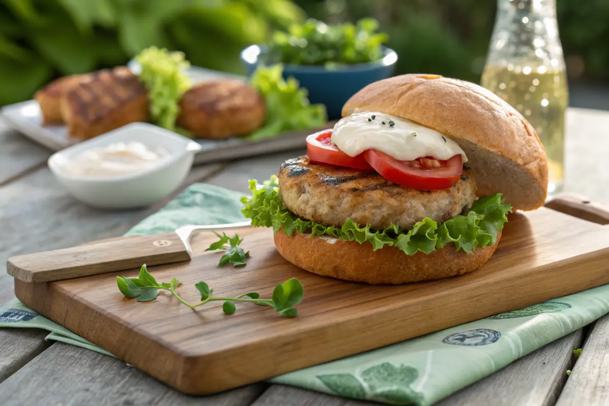 Gourmet tuna burger with fresh toppings on a rustic wooden board.