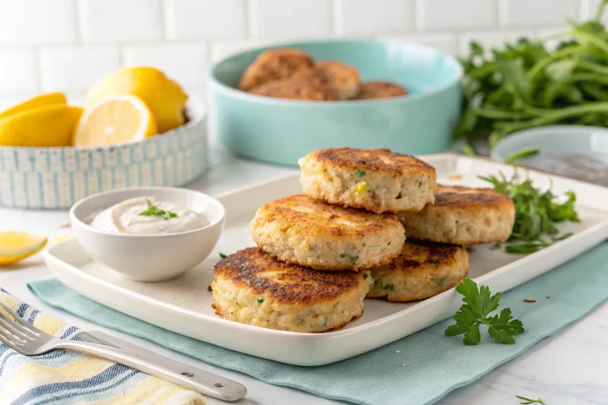 Golden-brown tuna patties on a white plate with lemon and tartar sauce.