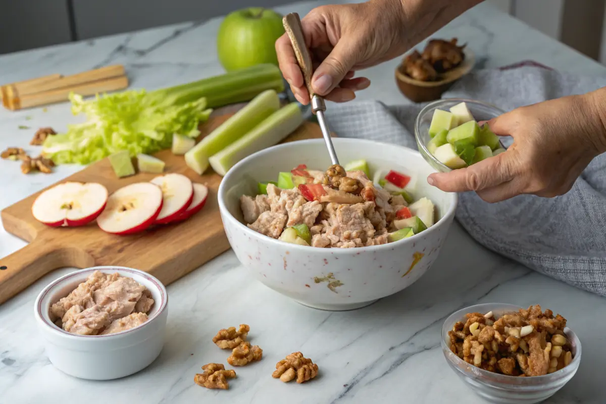 Hands preparing tuna salad with Greek yogurt, apples, celery, and walnuts.