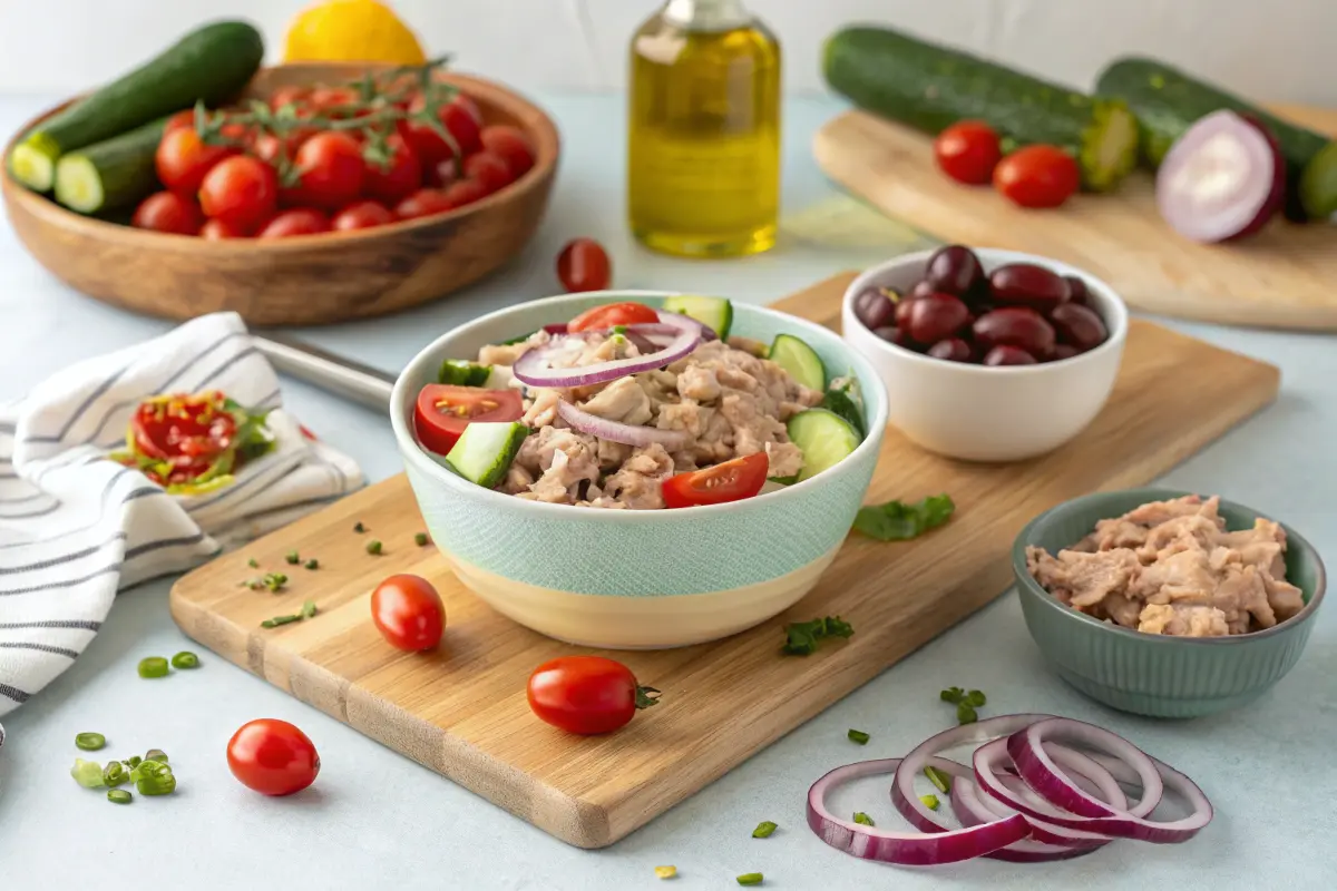 Preparing a Mediterranean Tuna Bowl with fresh vegetables and canned tuna.