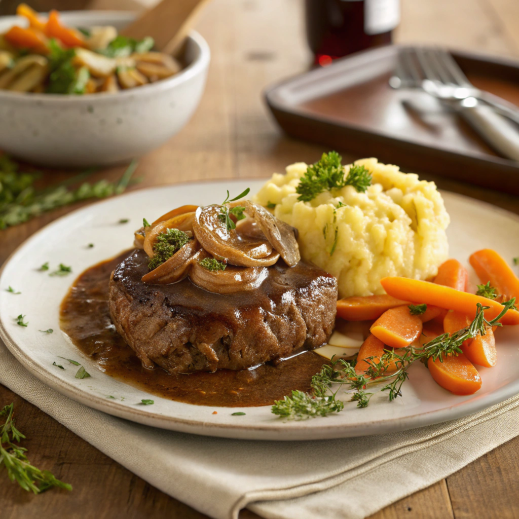 A plate of chopped steak topped with gravy, served with mashed potatoes and vegetables.