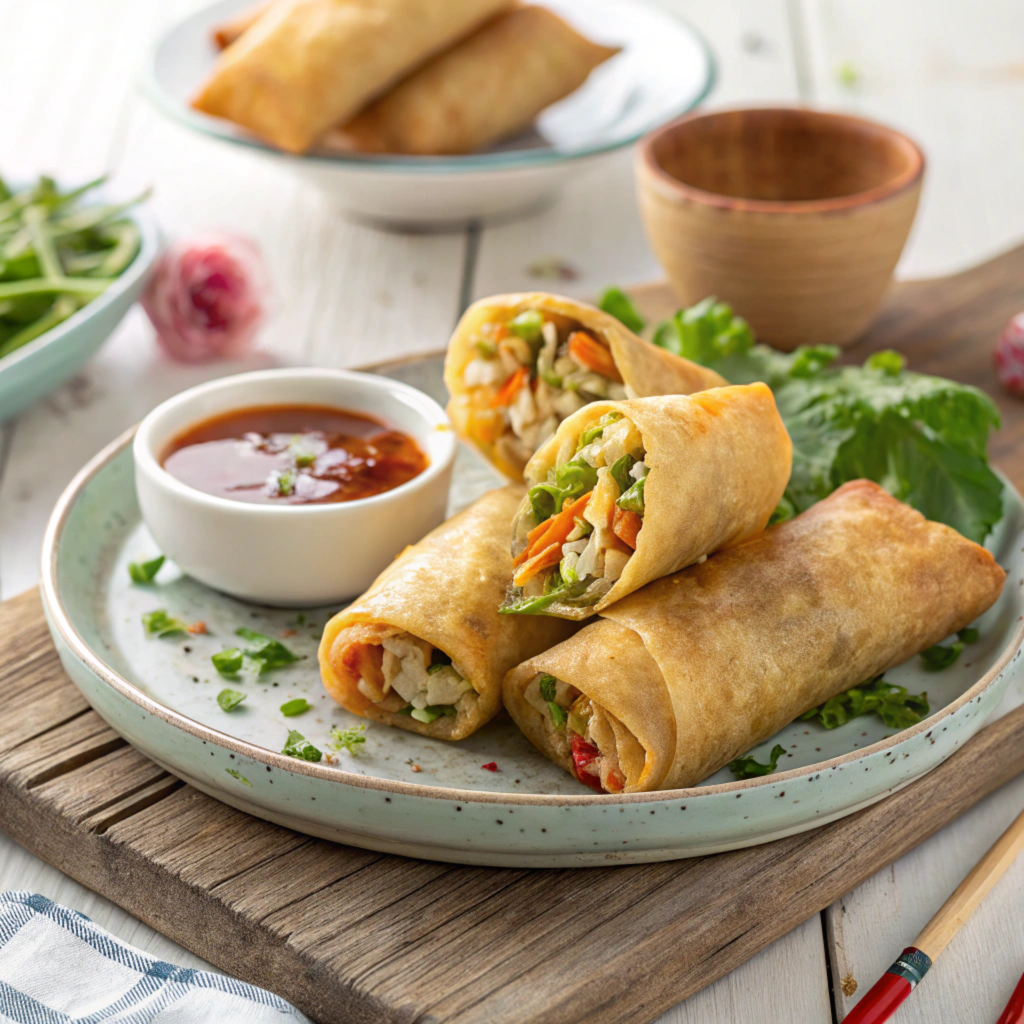 A close-up of crispy fried spring rolls on a plate with dipping sauce.