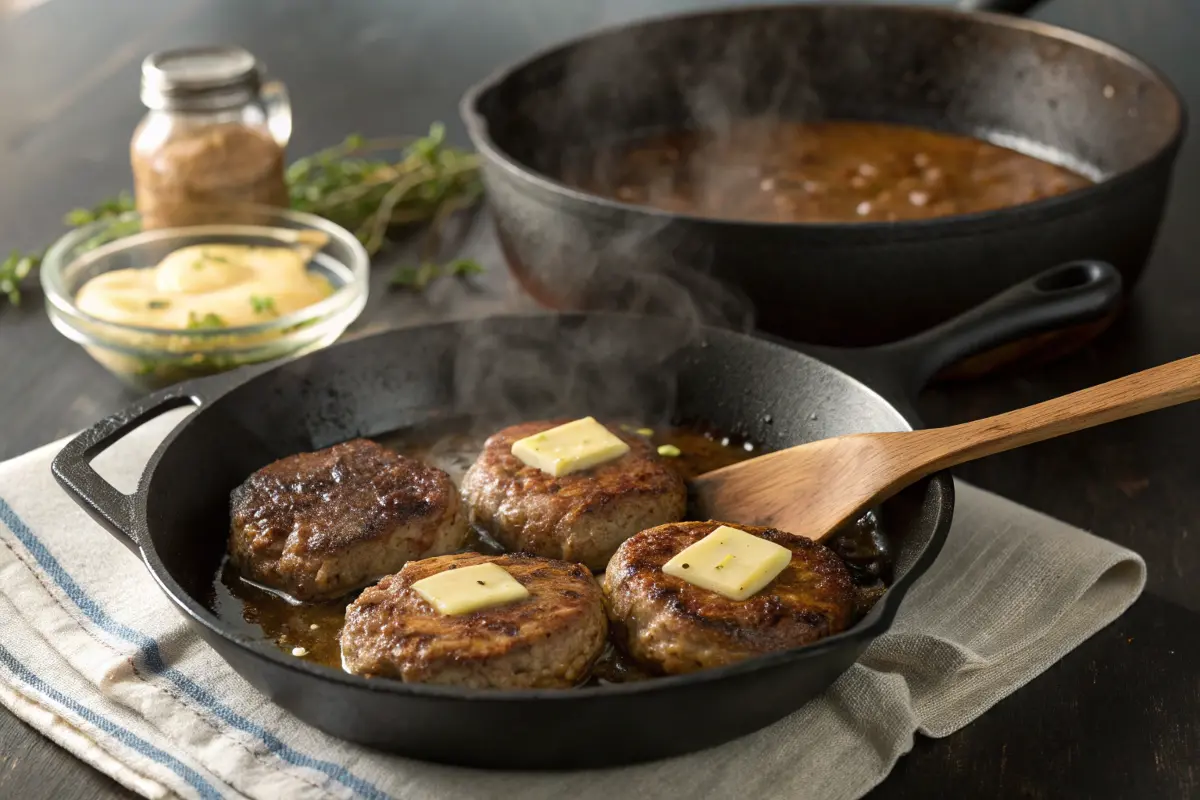 Chopped steak patties searing in a skillet with butter, preparing for gravy.