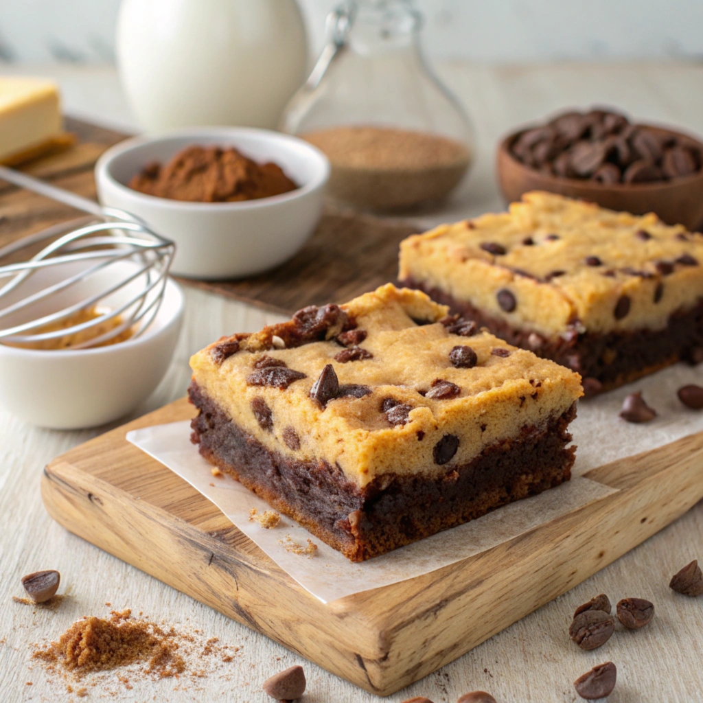 Close-up of a layered brookie showing brownie and cookie textures.