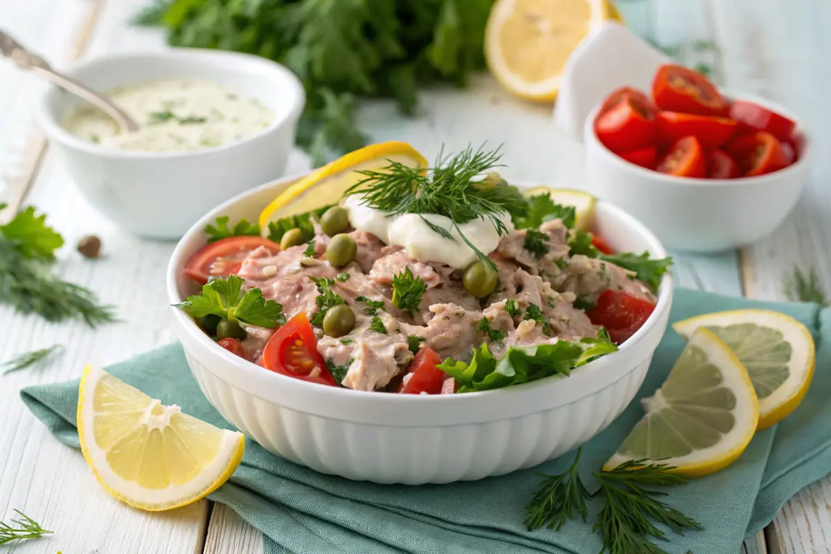 Vibrant tuna salad with fresh herbs, lemon slices, and creamy dressing in a white bowl.