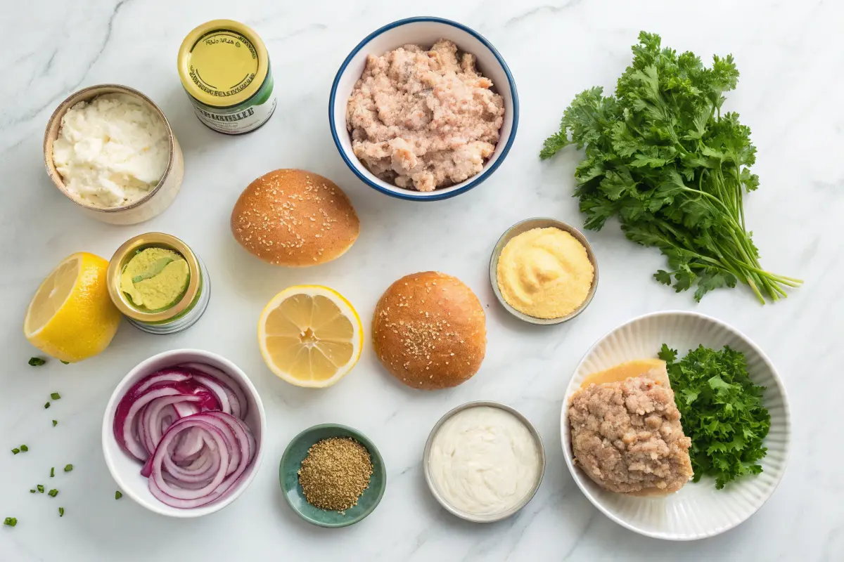 Ingredients for making a tuna burger laid out on a marble countertop.