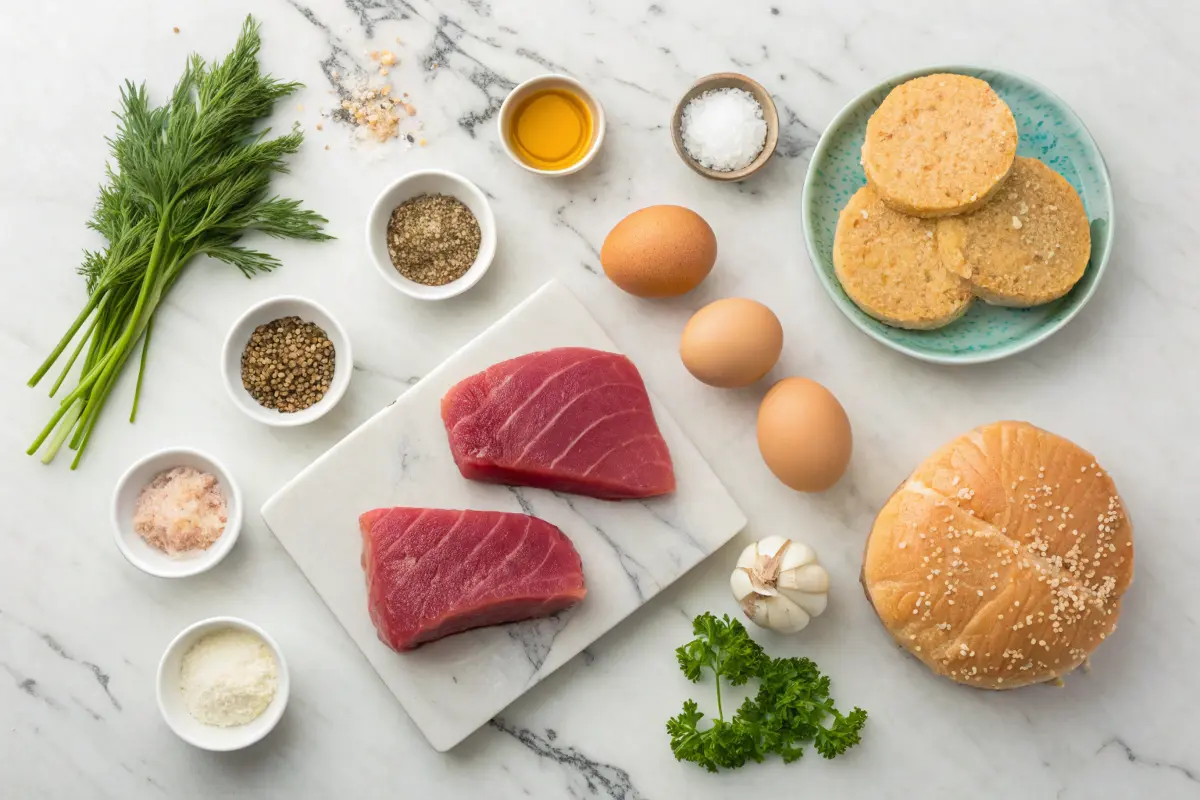 Array of fresh ingredients for making a tuna burger, including tuna steaks, herbs, and seasonings.