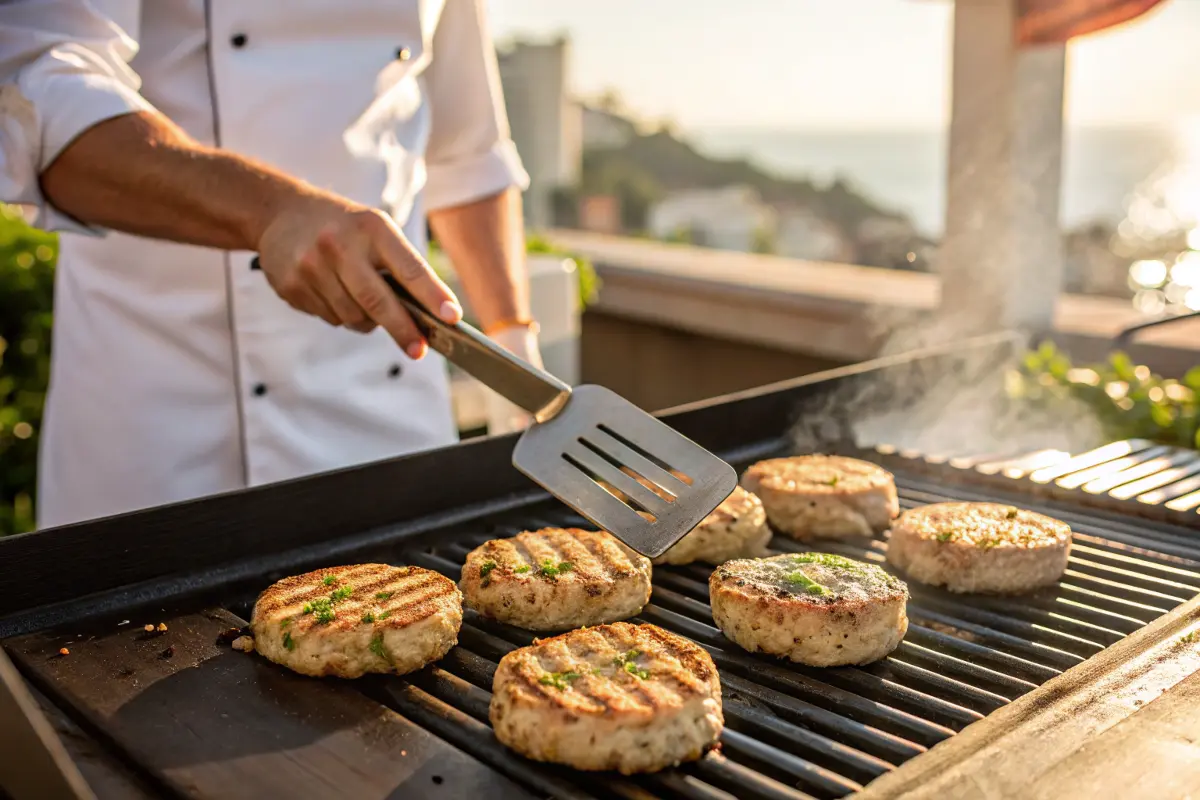 Chef flipping tuna patties on a grill with visible grill marks.