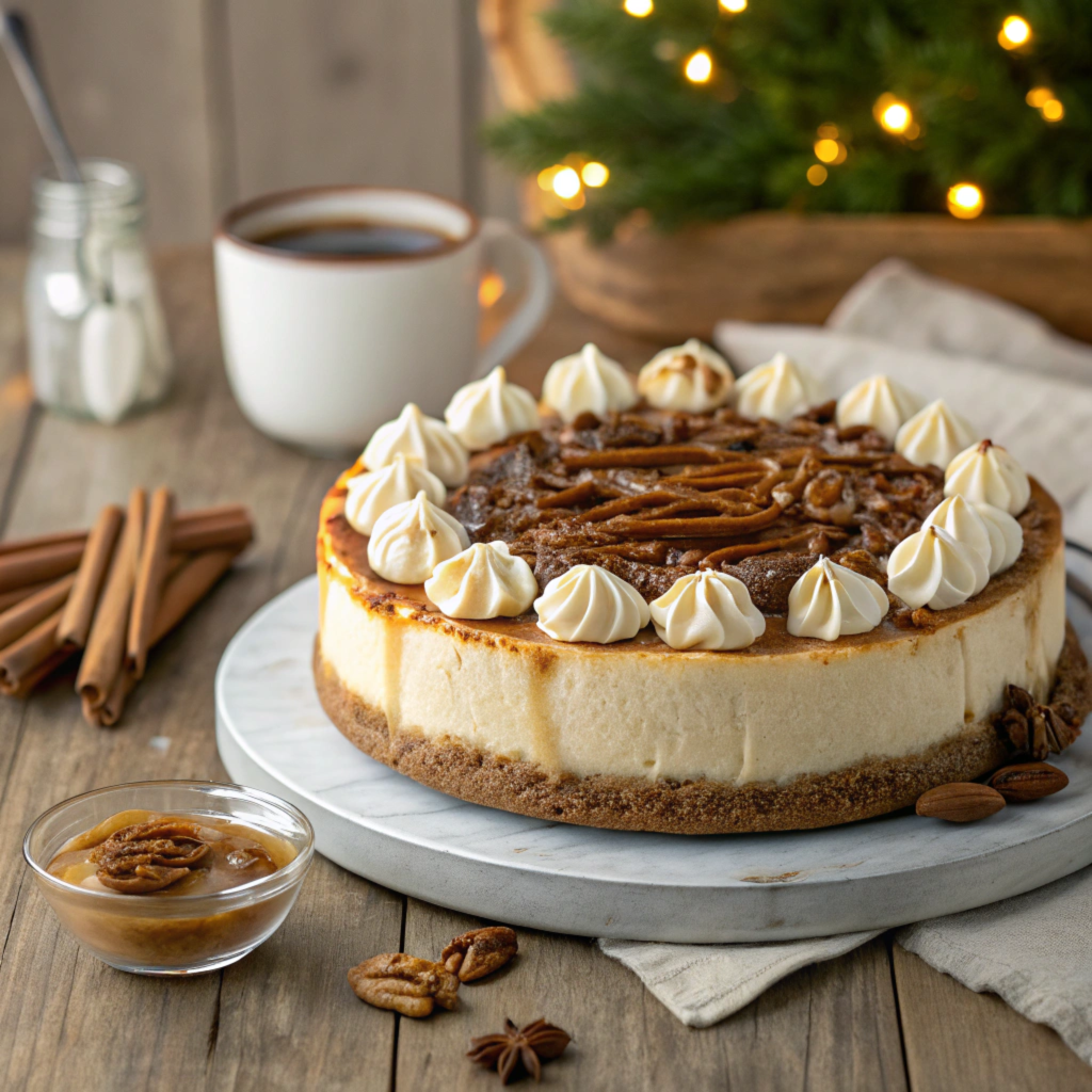 Pecan pie cheesecake with a graham cracker crust and caramelized pecan topping.