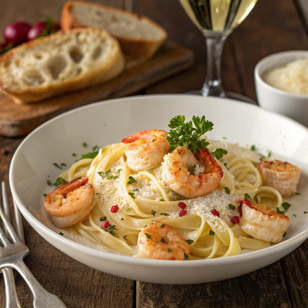 A serving of creamy shrimp pasta topped with fresh parsley.