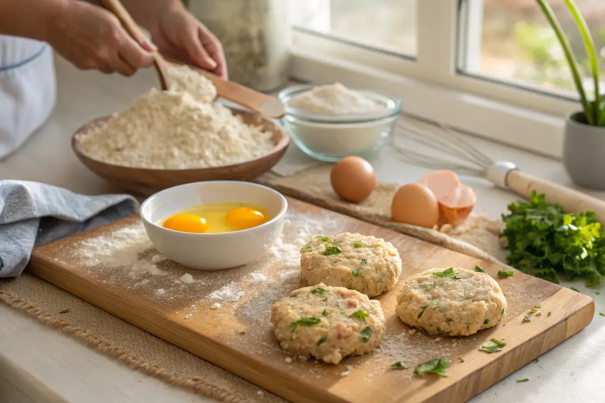 Hands mixing eggs, breadcrumbs, and flour to bind tuna patties.