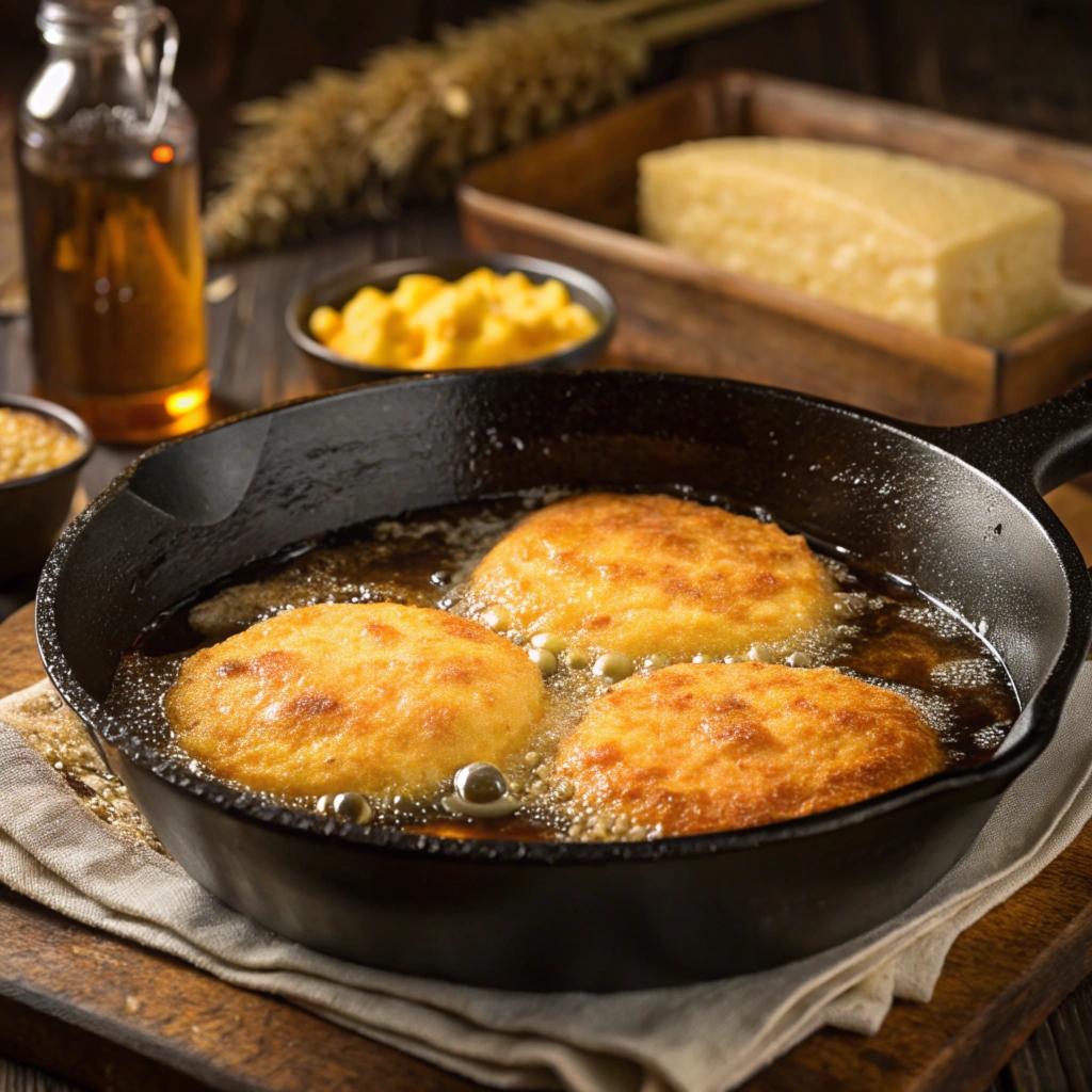 Fried cornbread served hot in a skillet.