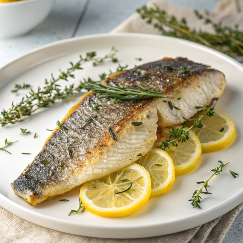 Branzino fillet cooked with lemon slices and fresh herbs, served on a white plate.