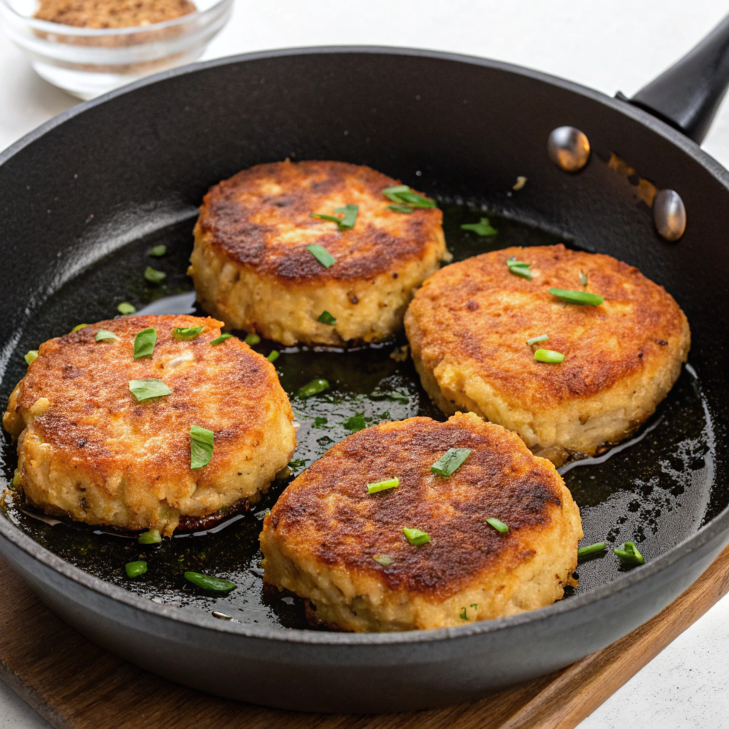 Golden brown tuna patties cooking in a skillet.