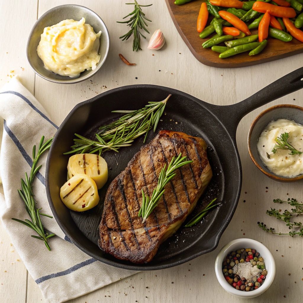 Juicy sizzle steak sizzling in a cast-iron skillet.