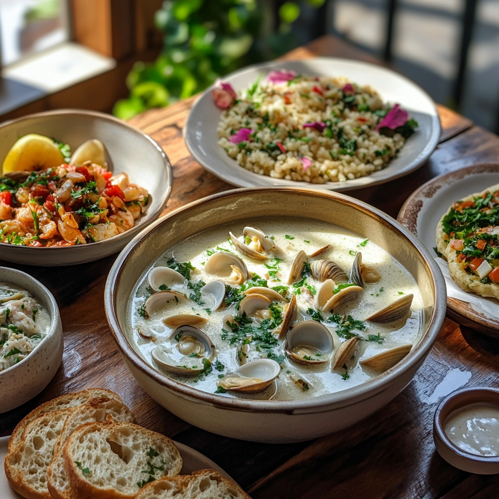 A bowl of clam chowder featuring canned clams with a side of bread.