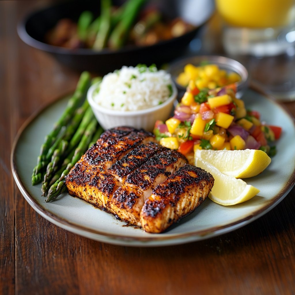 Blackened mahi mahi fillets served with lemon wedges and asparagus